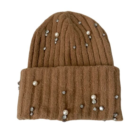 Anthropologie Maeve Beanie Womens One Size Tan Embellished Pearl Rhinestone Hat